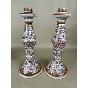 2 VTG 90s Portugal‎ Signed Hand Painted Candle Holder 10”Animals Floral Folk Art